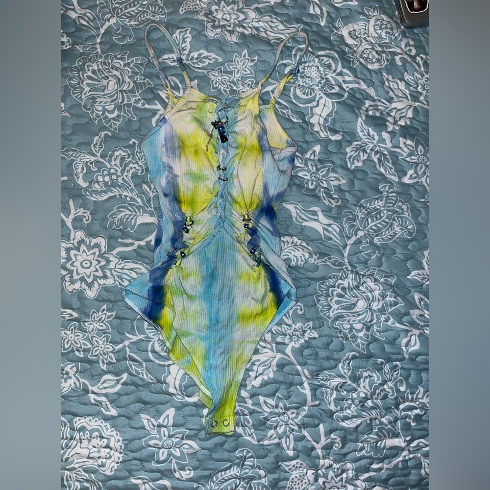 Neon Blue Green Tie Dye Braided Bodysuit EDM Festival